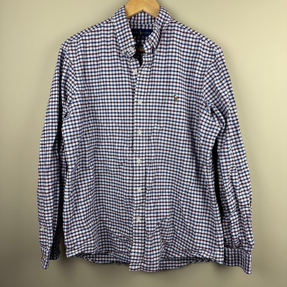 Ralph Lauren Mens Gingham‎ Check Button Down Shirt Blue Burgundy Classic Fit L